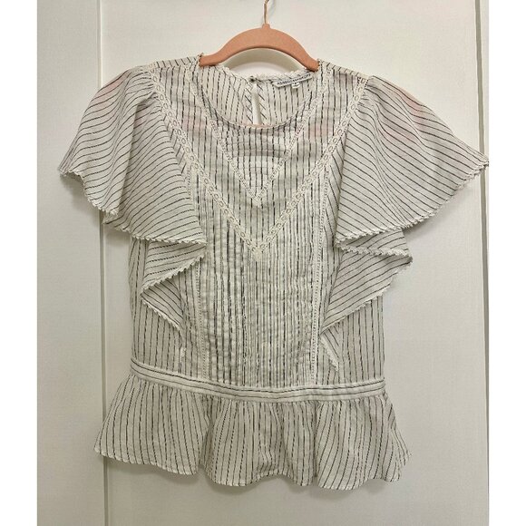 Rebecca Minkoff Flutter Sleeve White Striped and Pleated Boho Top, Size 4 - Picture 1 of 9